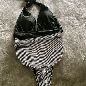 Black and White Striped Halter Swimsuit
